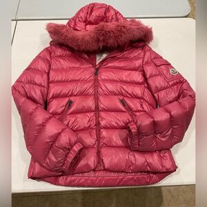 Moncler Puffer Jacket Contrast Fur-Trim Hood Pink